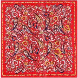 90cm Red bohemian paisley square scarf with vintage patterns and silk-like finish