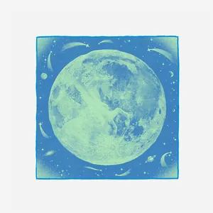 Detailed close-up of a 53cm square silk scarf with moon, unicorn, and star patterns