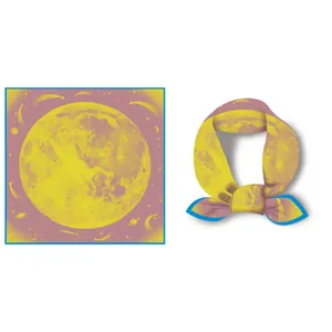 Close-up of Pegasus and full moon print on a yellow and purple satin square scarf
