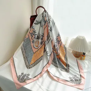 Women Vintage Floral Chain Print Satin Square Scarf Large Shawl Wrap Sun Protection Elegant Head Scarf Neck Scarf Accessories