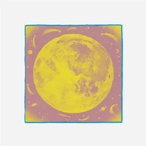 Detailed close-up of 53cm silk scarf featuring unicorn, moon and celestial star patterns