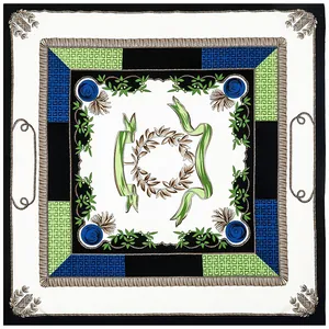 Summer silk scarf with floral print and tassel patterns in classic blue and green tones