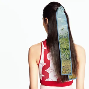 Artistic Van Gogh wheat field silk scarf tied as a ribbon on a woman's ponytail