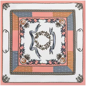 Classic 130cm square silk shawl with floral tassel print and elegant Greek key pattern