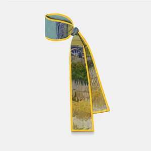 Silk twilly scarf with Van Gogh Harvest oil painting print in bright yellow for women