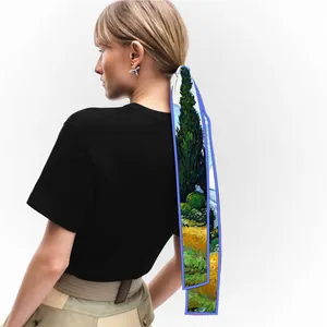 Van Gogh Cypress print long silk scarf styled as an elegant hair ribbon for women