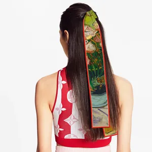 Vincent van Gogh style Oleander silk scarf ribbon worn as hair accessory on back view model