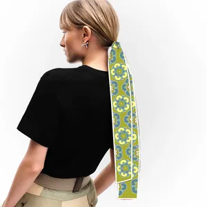 French style paisley silk scarf twilly used as a hair tie on a fashion model