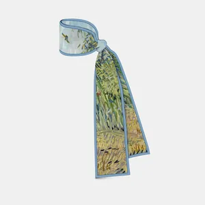 Artistic Van Gogh wheat field oil painting silk twilly scarf for women with blue sky motif