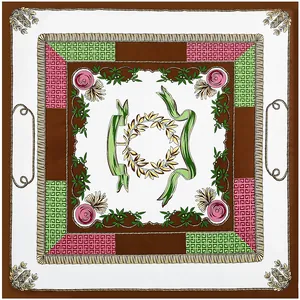 Detail of elegant floral patterns and olive branch wreath on 130cm square summer scarf