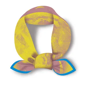 Detailed view of silk twill scarf knot with celestial moon and star pattern