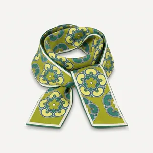 French style floral skinny scarf in green and yellow print for neck or bag handle