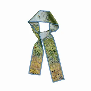 Van Gogh Wheatfield painting print skinny silk scarf with knotted styling for women