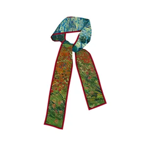 Twilly long en soie avec motif floral de peinture de Van Gogh sur fond blanc pur