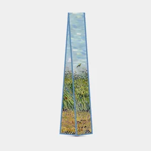 Van Gogh Wheatfield with a Lark silk scarf twilly with blue borders on grey background