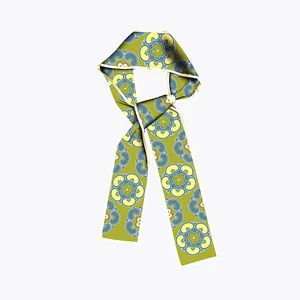 French style green floral twilly silk scarf with geometric patterns on white background