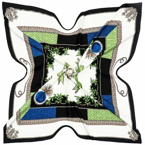 Luxurious 130cm floral silk square scarf with tassel fringe and elegant French vintage pattern
