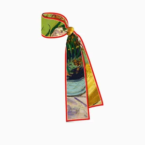 Van Gogh Oleander painting silk twilly scarf with red border for summer styling