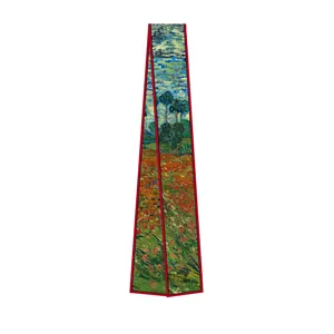 Écharpe en soie style Van Gogh avec paysages fleuris et bordures rouges vives