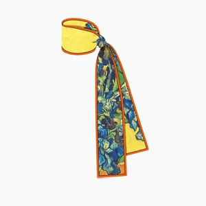 Sciarpa di seta artistica Van Gogh Iris per donna con bordo arancione elegante twilly lungo