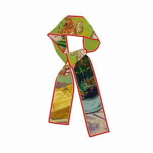 Van Gogh oil painting style floral silk twilly scarf with elegant red border trim