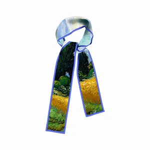Artistic Van Gogh wheat field print silk scarf with light blue borders on white background