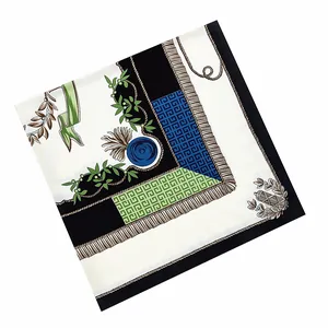 Detail of elegant 130cm floral square scarf with silk texture and classic tassel print