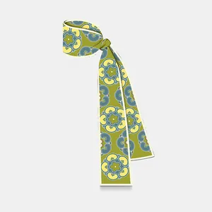French retro paisley silk scarf for bags with green floral pattern and smooth texture