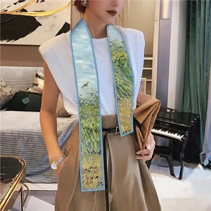 Artistic detail of Van Gogh wheat field oil painting silk twilly scarf worn by a model