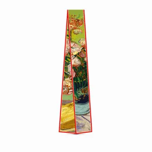 Van Gogh Oleander painting silk twilly scarf with red piping and floral art pattern