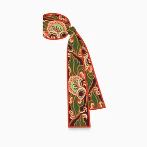 120cm long oriental silk twilly scarf with floral paisley patterns and orange border