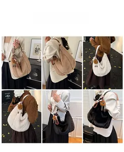 Présentation des sacs hobo en peluche kaki, crème et noir avec texture fourrure