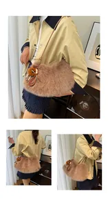 Detail view of a camel plush shoulder bag with fluffy texture and matching pendant