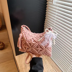 Hand-Woven Macrame Shoulder Bag For Women Bohemian Straw Crossbody Bag With Tassel Pearl Lace Bow Knot Casual Beach Purse