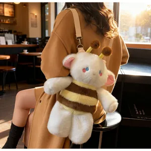 Detailed close-up of a plush bee crossbody bag with soft fuzzy texture and cute wings