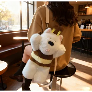 Detailed plush bee dog shoulder bag with soft fur texture and adjustable strap in sunny cafe