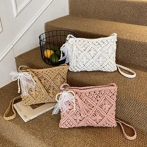 Bohemian woven knit shoulder bag with tassel and pearl bow in white khaki pink