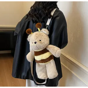 Detail view of a plush bear backpack with bee stripes and soft faux fur texture
