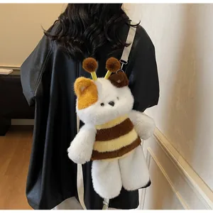 Detail of cute cat bee plush crossbody bag with soft faux fur and adjustable nylon strap