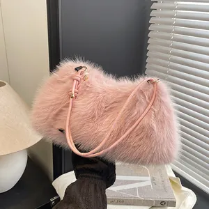 Fashion Faux Fur Shoulder Bag Underarm Tote Bag With Plush Pendant Winter Warm Plush Handbag Casual Crossbody Bag For Women