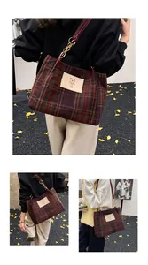Detail of retro plaid tote bag featuring bear leather patch and gold chain strap