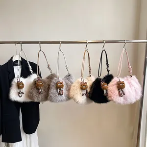 Plush faux fur shoulder bags in 6 colors with cute cat charms for winter fashion