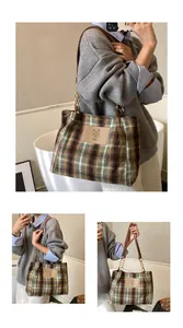 Detail view of vintage plaid tote bag with brown bear patch and leather chain straps