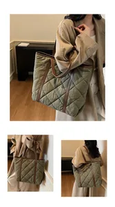 Detail of olive green quilted tote bag with brown leather handles and spacious interior