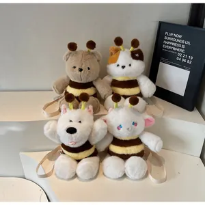 Close-up of cute plush animal backpacks in bee costumes including bear and puppy styles
