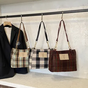 Vintage plaid wool tote bags in three colors with leather chain straps for women