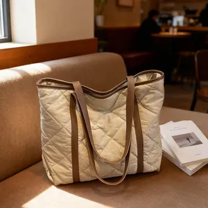 Large Capacity Women Quilted Tote Bag Diamond Pattern Lightweight Korean Style Shoulder Bag Contrast Color Handbag For Daily