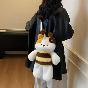 Cute white plush bear backpack in a bee costume with brown stripes and antenna