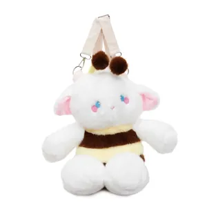 Cute sheep plush backpack with bee stripes, white faux fur and adjustable strap
