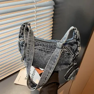 Women's Washed Denim Hobo Bag Retro Moon Shoulder Crossbody Bag With Detachable Mini Coin Purse Casual Urban Fashion Handbag
